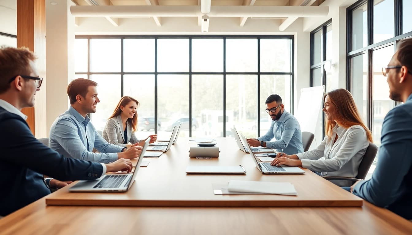 Engage with theredandwhitemagz.com through a dynamic business meeting showcasing teamwork.