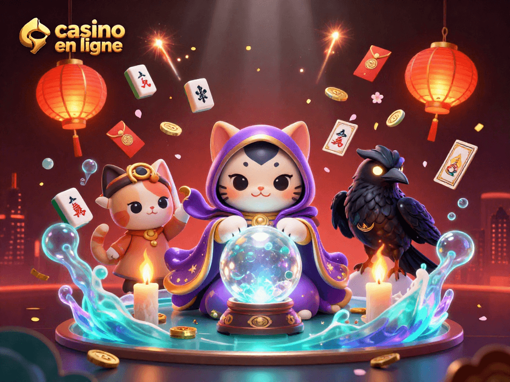 Imaginez une scène vibrant de casino en ligne où un chat empathique prédit de la chance avec des cartes de tarot et des enveloppes chanceuses.