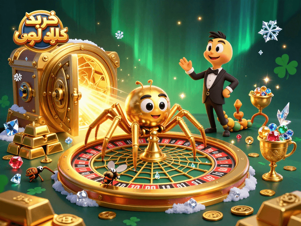 Place bets on خرید کلید لمسی while a golden spider spins a roulette web in this captivating scene.