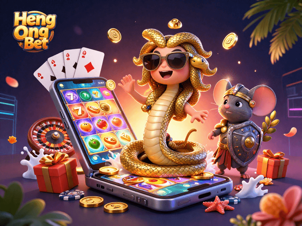 Engage with Heng Ong Bet's vibrant gaming scene featuring Medusa, a warrior mouse, and thrilling casino elements.