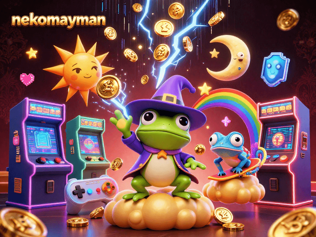 Experience exciting gameplay with nekomayman as golden coins cascade around colorful gaming characters.