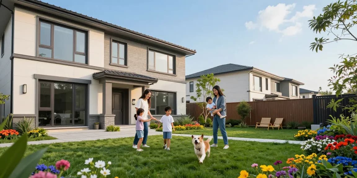 Família aproveitando o espaço no quintal da casa da woningunie, com flores e um céu azul.