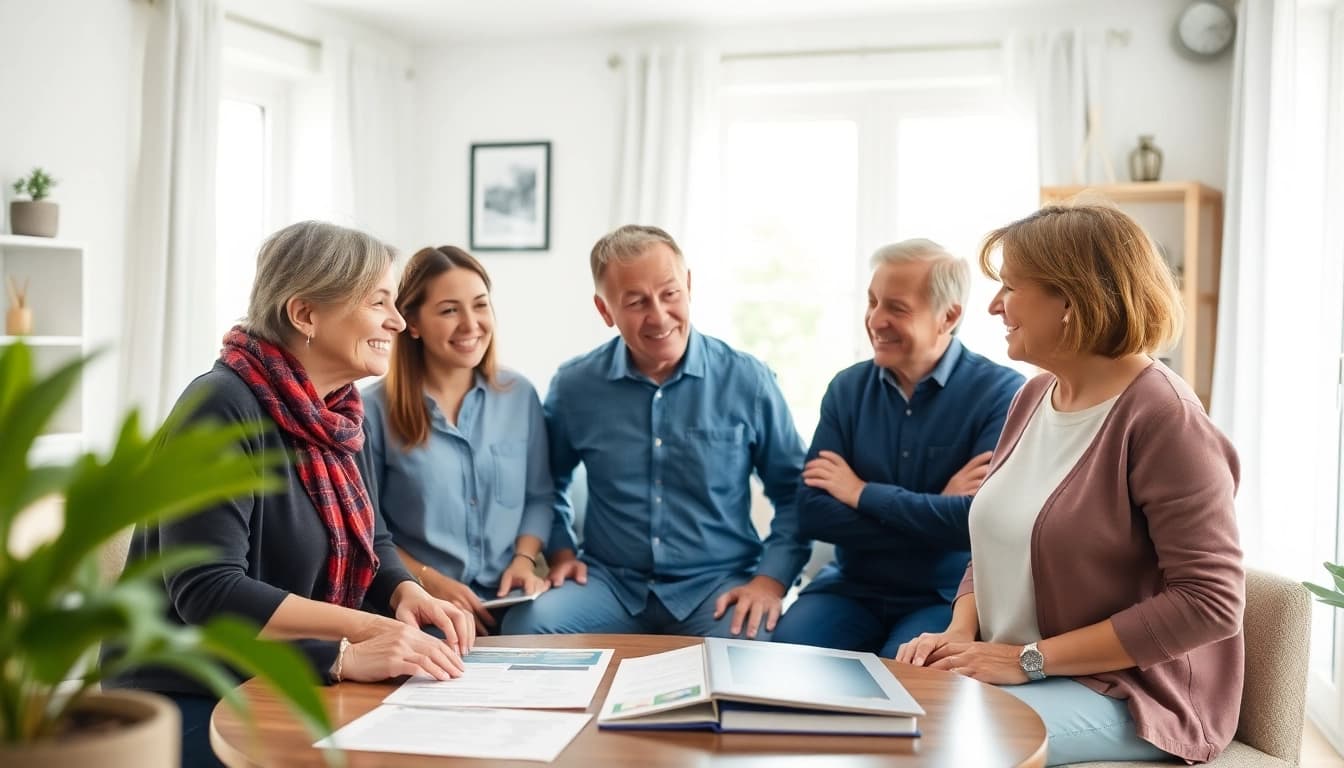 Families engaging in discussion about individualised living options in a welcoming home setting.