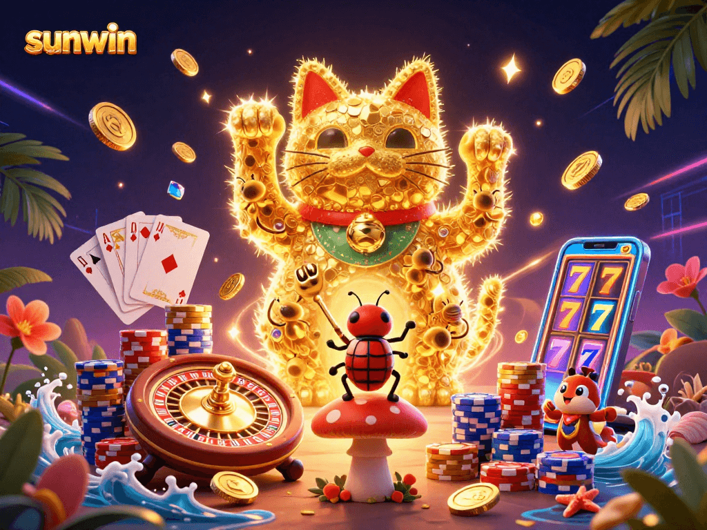 Experience the vibrant world of sunwin with a dynamic lucky cat made of fireflies in a dazzling casino setting.