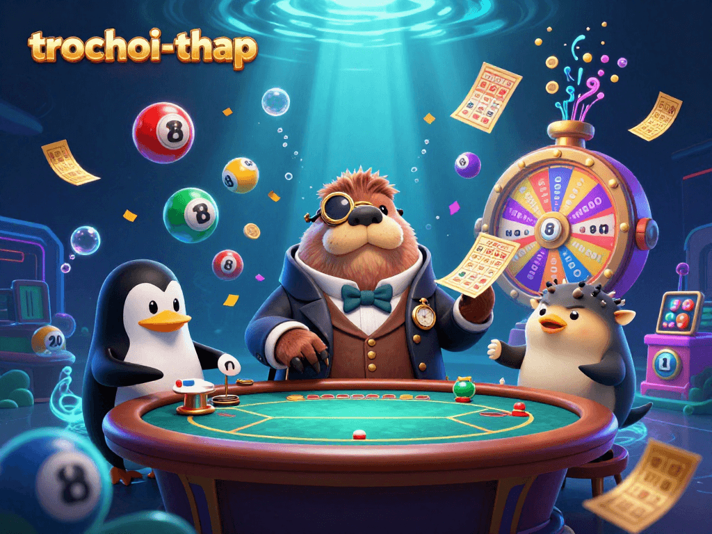 Experience the excitement of trochoi-thap with jolly walrus, penguin dealer, and pufferfish players at an underwater gaming table.