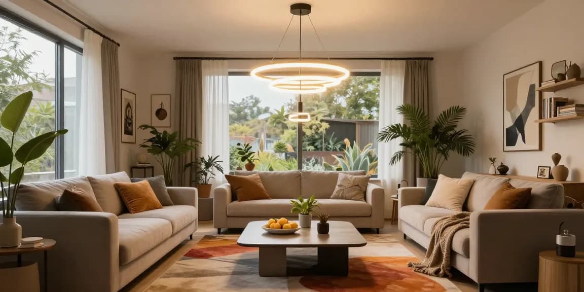 Lustra living modernă suspendată în camera de zi, iluminând elegant spațiul contemporan.