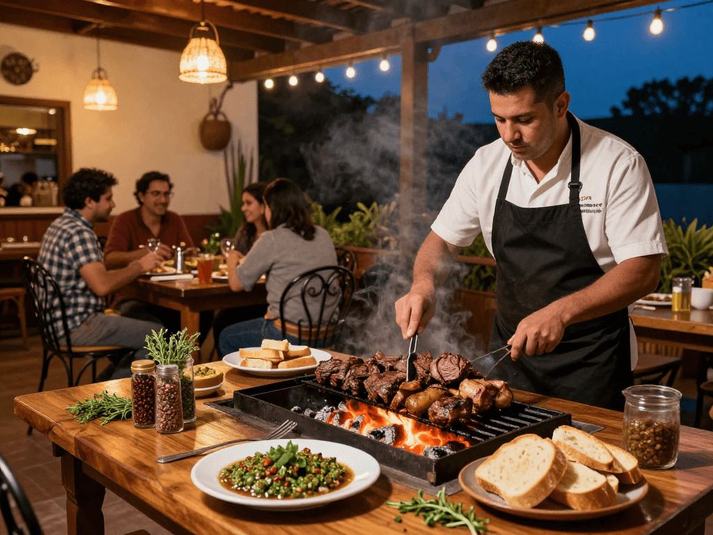 Enjoying the best parrillada argentina near me with grilled meats, chimichurri sauce, and a cozy restaurant atmosphere