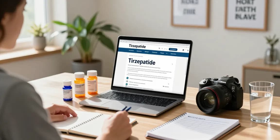 Buy tirzepatide illustrated as an individual researches medication in a modern home office.
