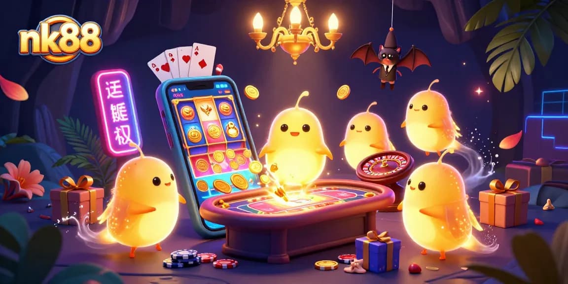 Engage with nk88 in this vibrant, ultra-detailed casino scene showcasing glowworms and exciting gaming elements.