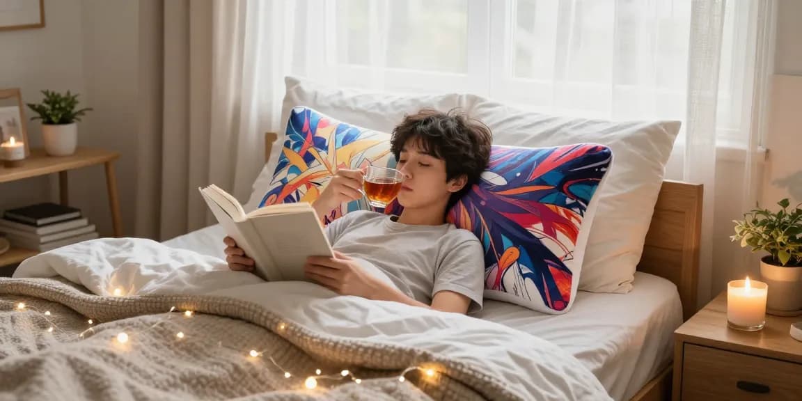 Custom body pillow adorned with vibrant anime art in a cozy bedroom setting.