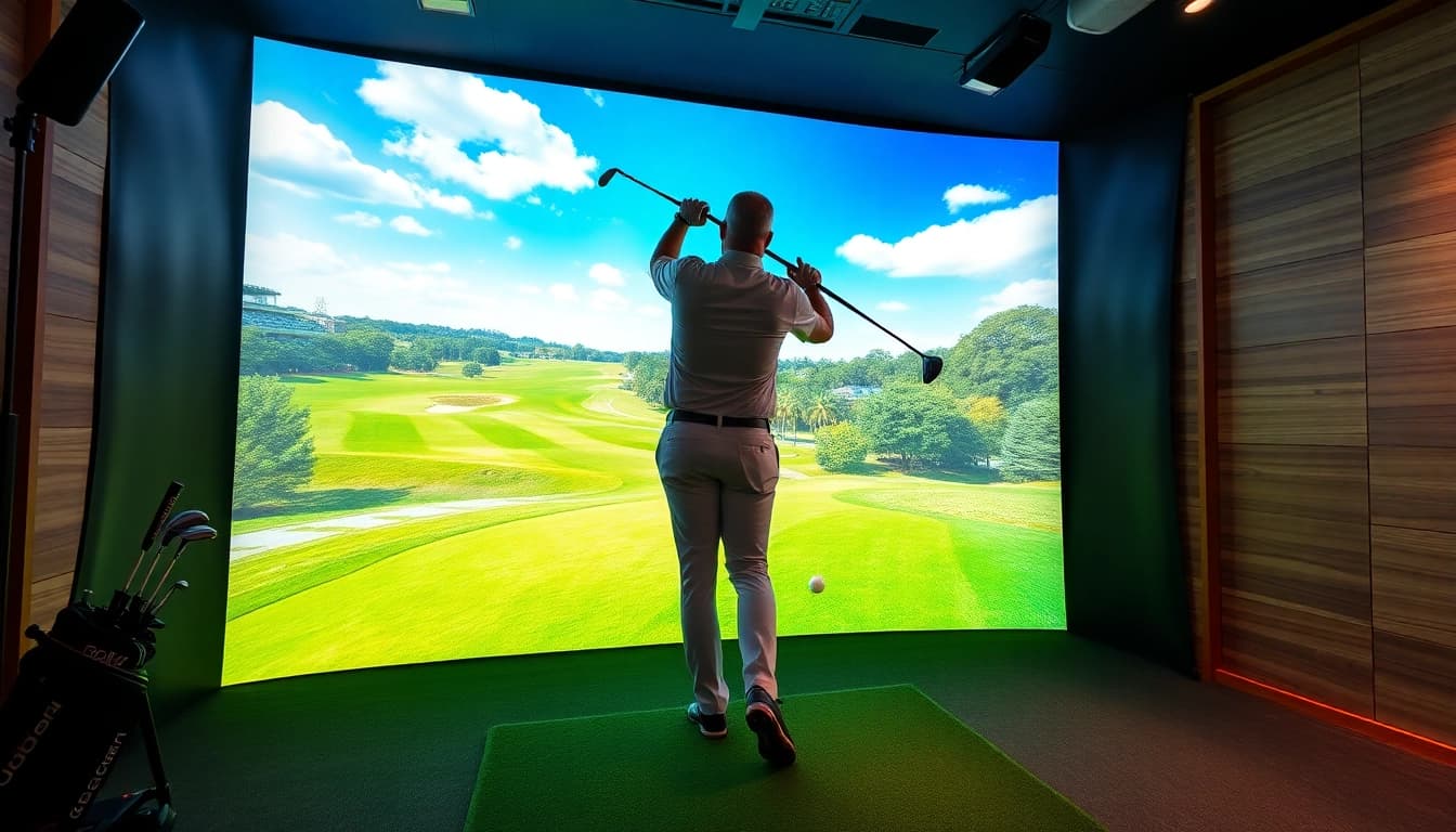 Engaging golfer using a simulator to practice swings with a virtual course backdrop.