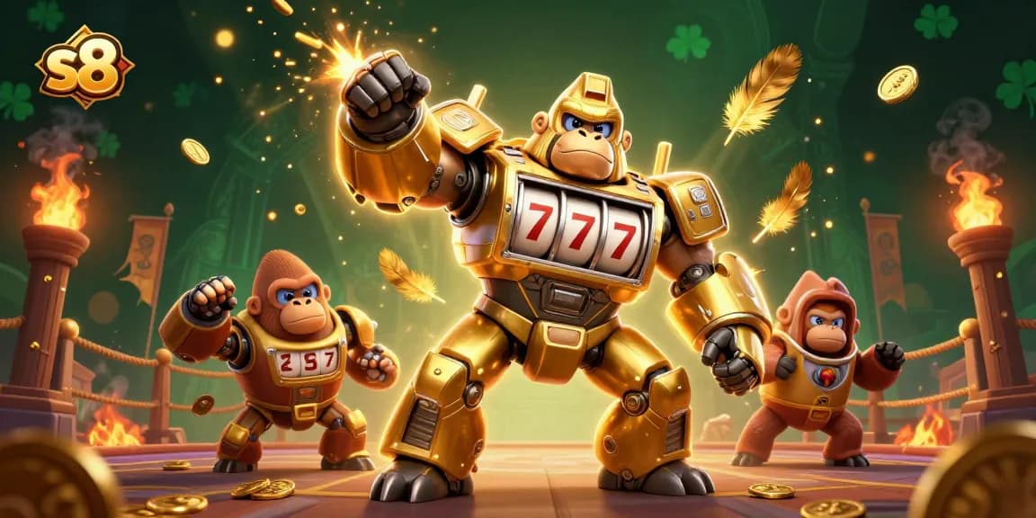 s8's golden gorilla mech breaks coins while surrounded by vibrant casino elements in a rich 3D scene.