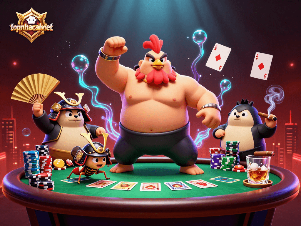 Engage in thrilling gameplay at topnhacaiviet with powerful sumo and samurai characters in a vibrant casino setting.