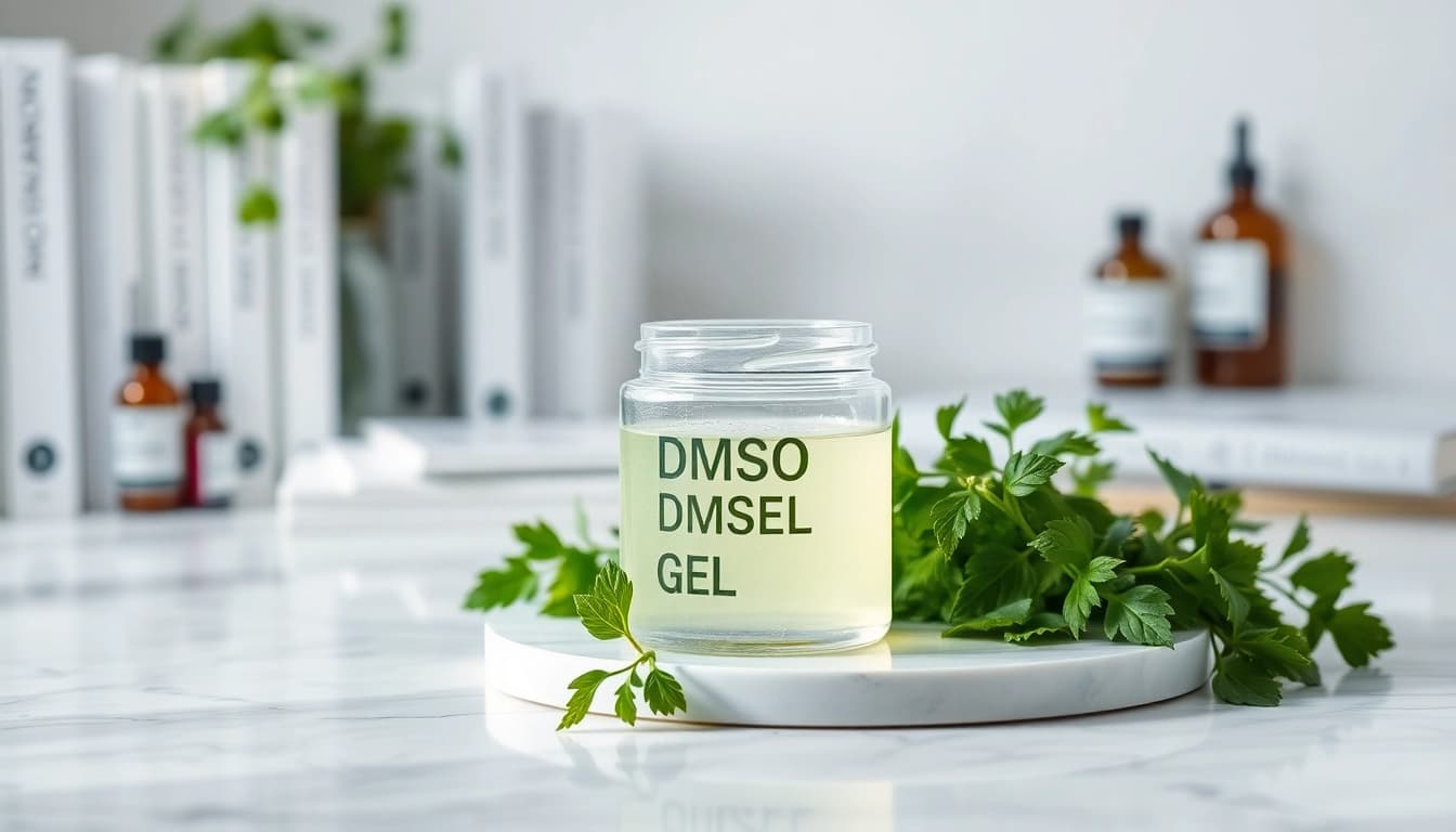 Applying DMSO gel in a serene setting with natural elements and modern design.