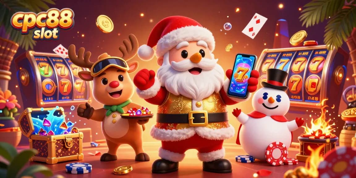 Engage with the thrilling cpc88 slot experience in a vibrant casino scene featuring Santa and friends.