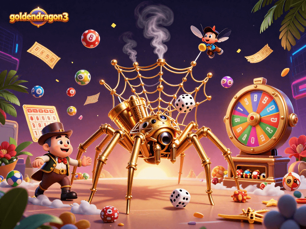 Engage with goldendragon3 in this immersive steampunk scene featuring a playful spider and thrilling lottery elements.