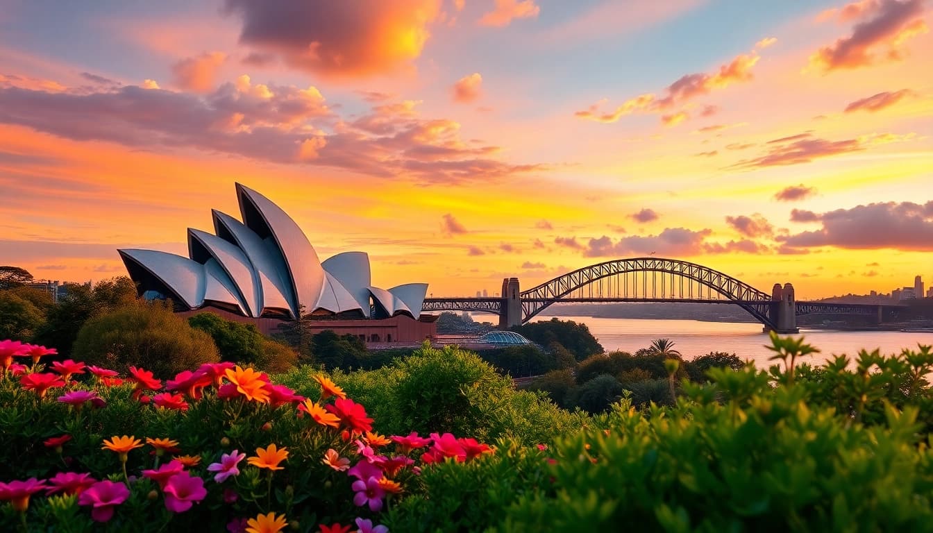 Visit Australia's stunning Sydney skyline featuring the iconic Opera House and Harbour Bridge.