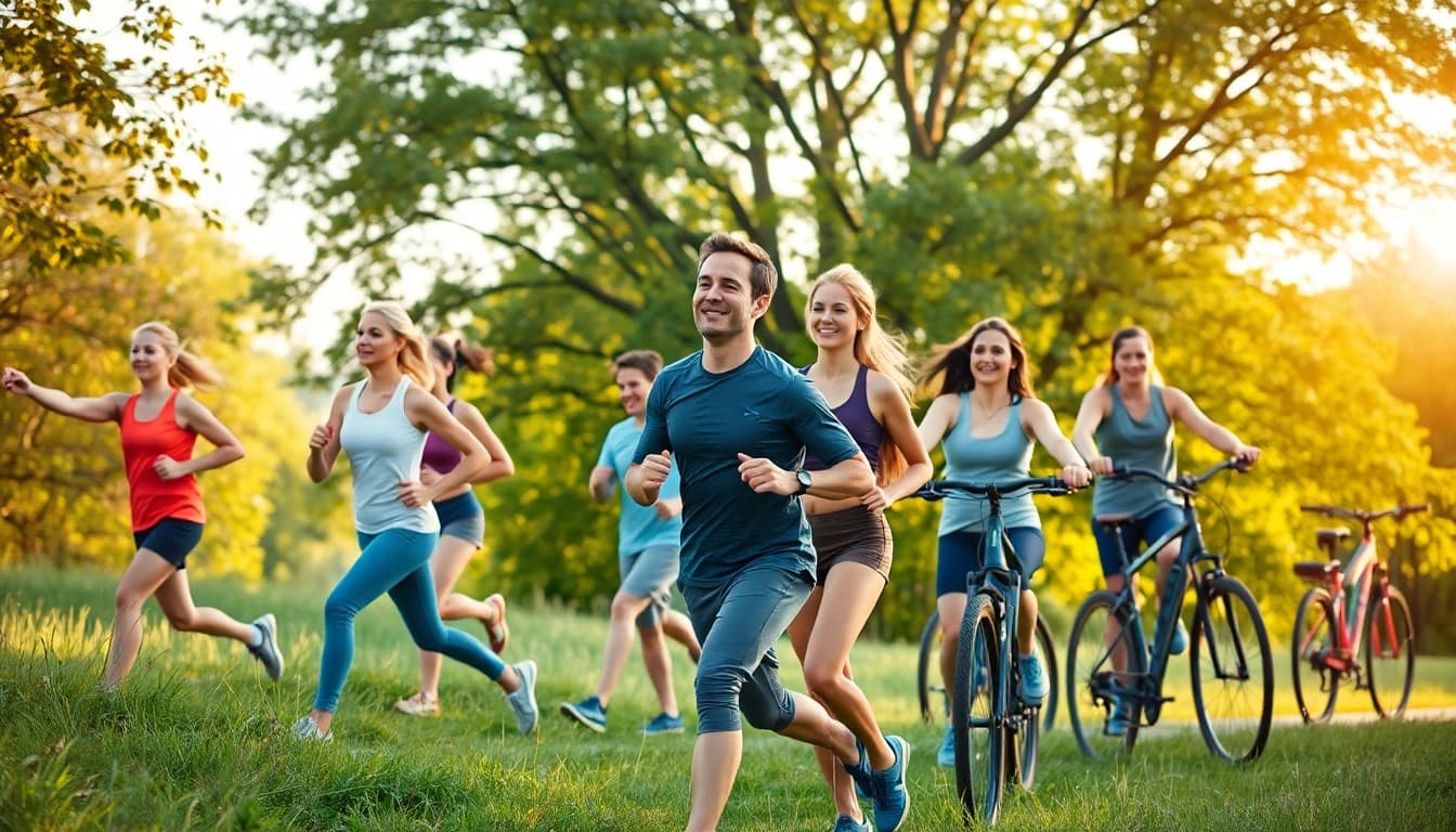 Promoting a Healthy Life with diverse individuals engaging in outdoor exercises.