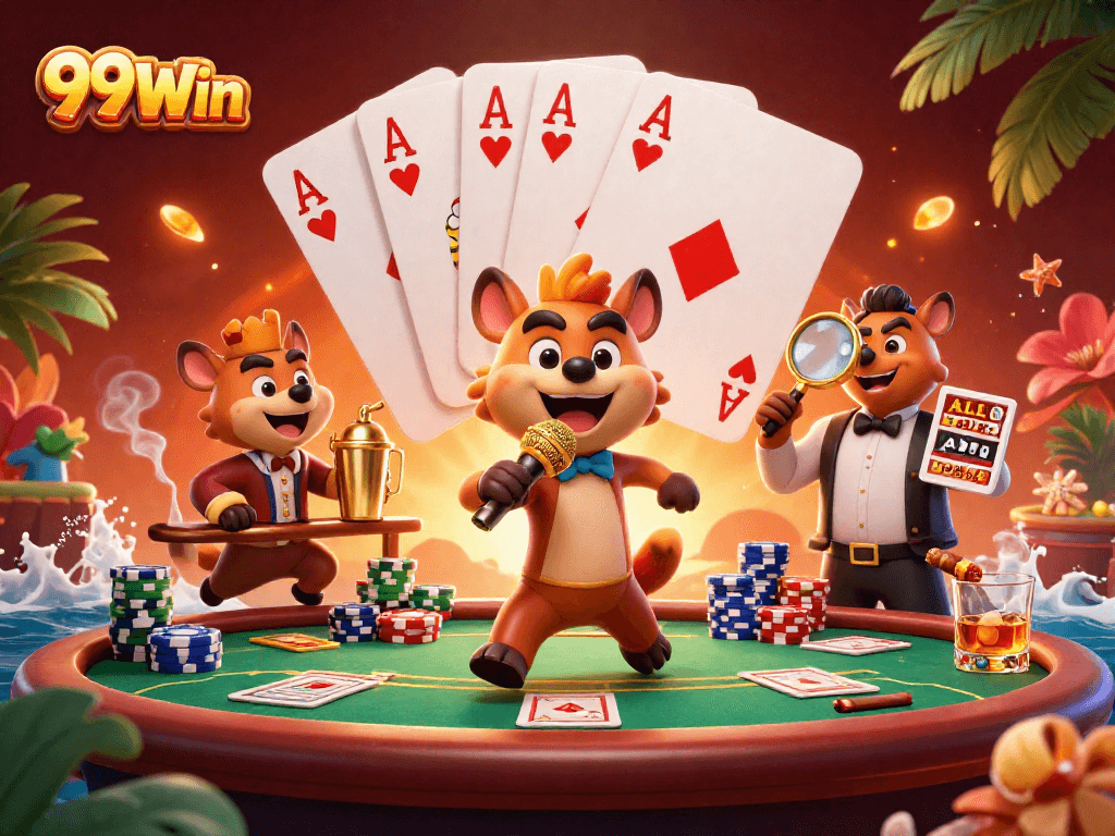 Engage with 99Win's dynamic casino atmosphere featuring hyenas as entertainers in a vibrant game scene.