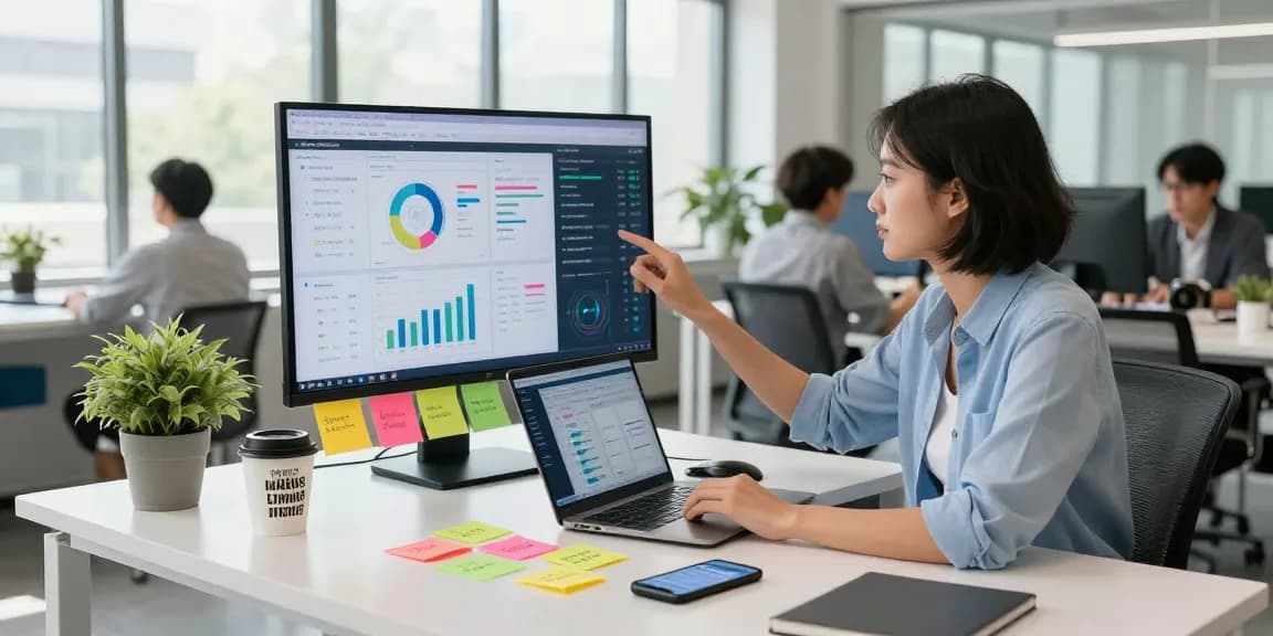 Marketing strategist analyzing 456bd campaign metrics in a modern workspace.