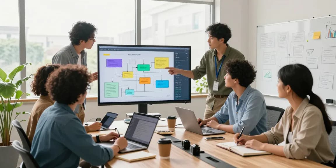 Build internal tools with AI in a collaborative tech workspace with professionals brainstorming data analytics processes.