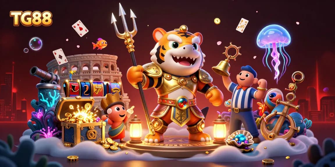 Experience the thrilling undersea adventure of TG88 with a fierce tiger shark in armor, surrounded by vibrant gaming elements.