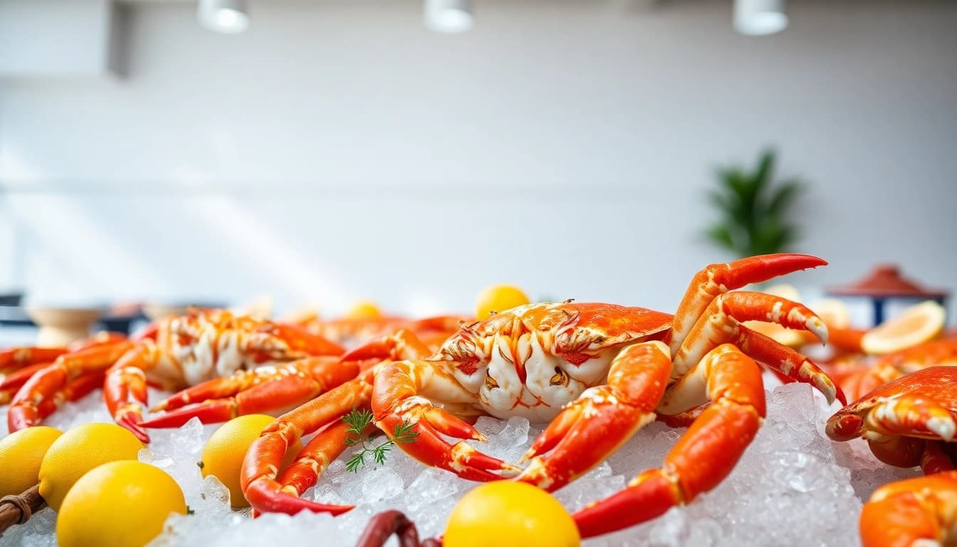 Showcase of fresh Norwegian king crab in a seafood market by a reputable wholesale supplier.