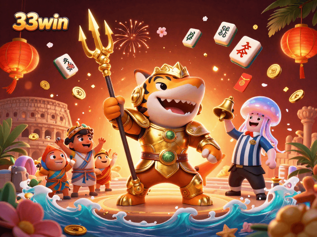 Experience the thrill of 33win's casino world through this vibrant 3D illustration showcasing intense underwater action.