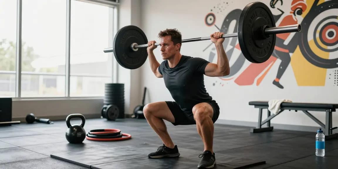 Scene of a dedicated athlete in a Somatrop Steroid Shop setting, weightlifting with barbell in a vibrant gym environment