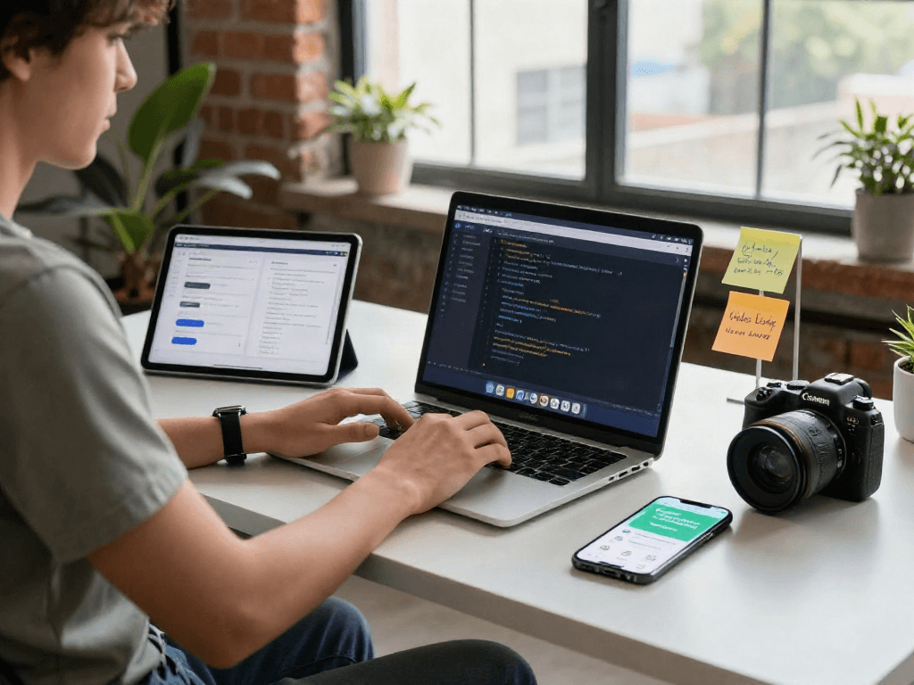 Mobile app developer coding gb whatsapp apk on a laptop in a modern workspace.