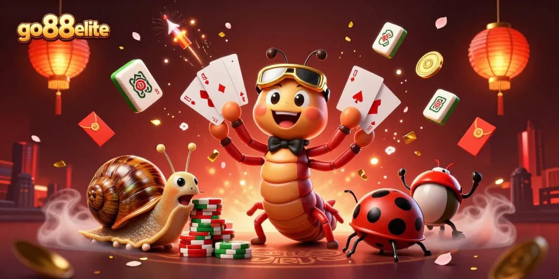 Join the excitement at go88elite with a high-roller snail and a millipede dealer in this vibrant casino scene.