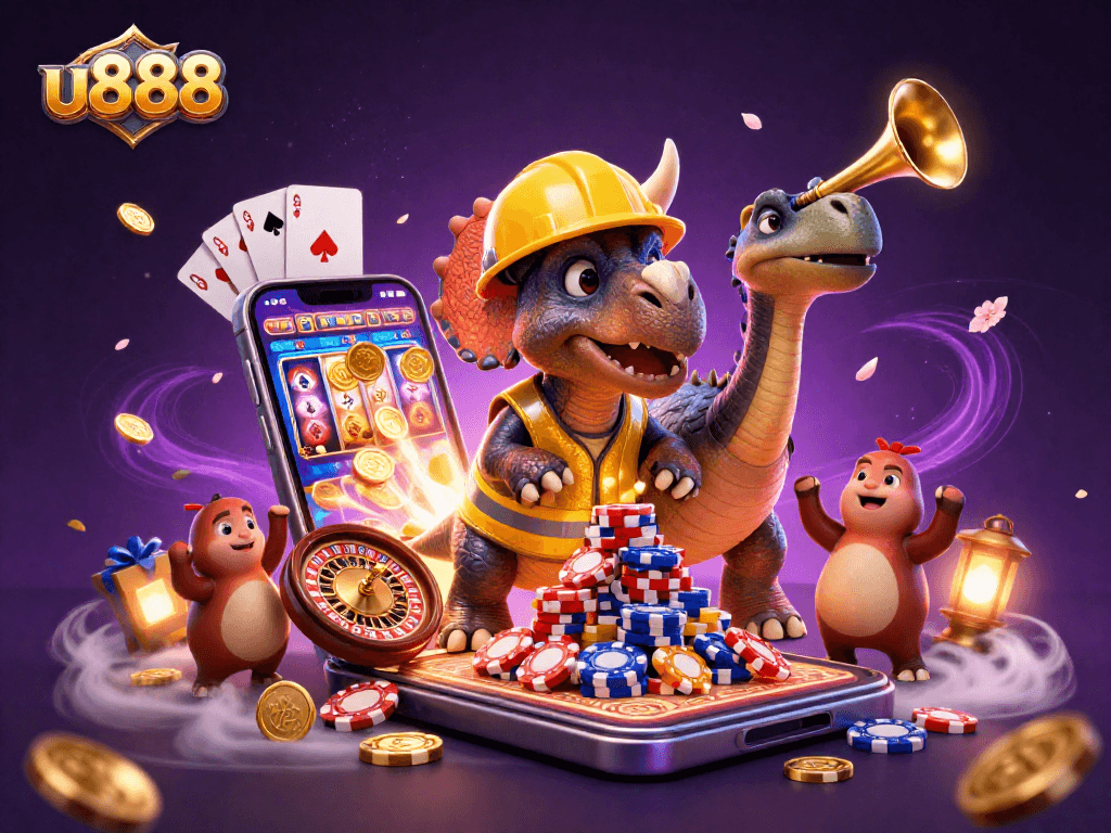 Engage with u888 in a vibrant 3D casino scene filled with exciting gaming elements and joyful characters.