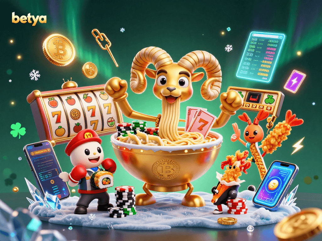 Betya showcases a vibrant 3D casino scene featuring an animated ramen bowl dealing slots and crypto elements.