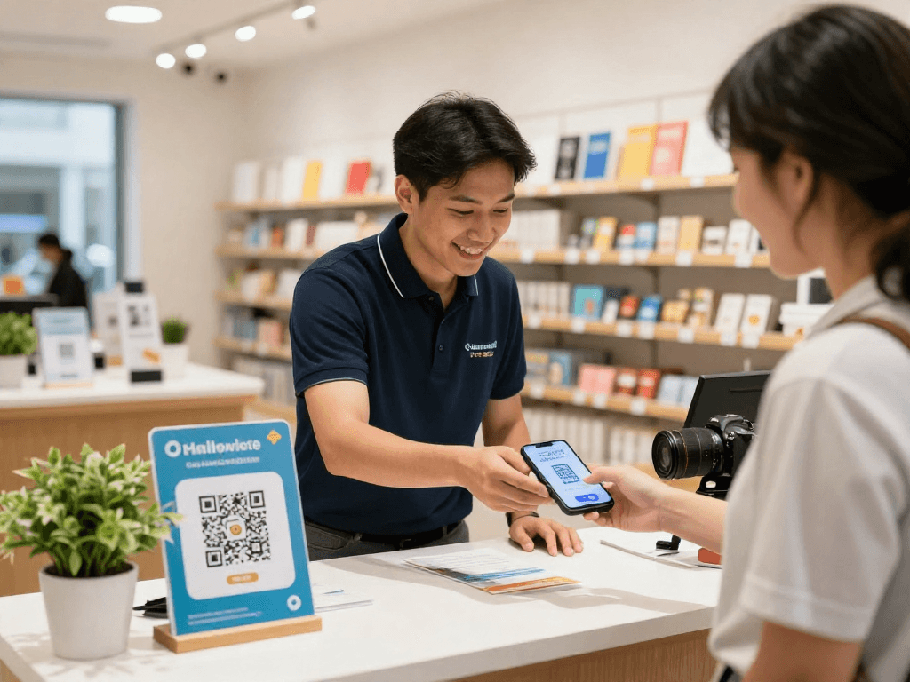 Customer scanning a QR code using loyalty software for rewards at a retail shop.