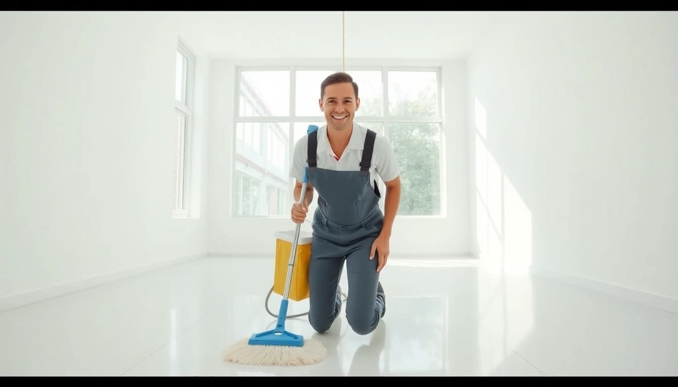 Bond cleaning expert thoroughly scrubbing a spotless room with natural light.