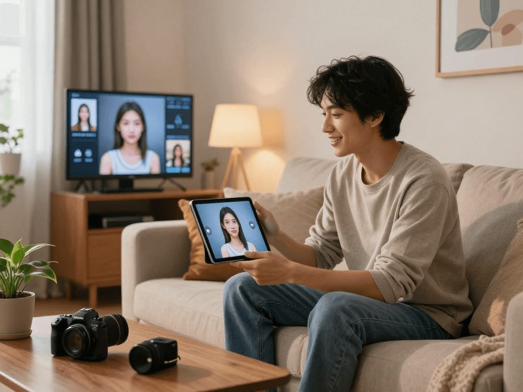Engaging scene with a person interacting with their AI girlfriend on a tablet in a cozy living room.