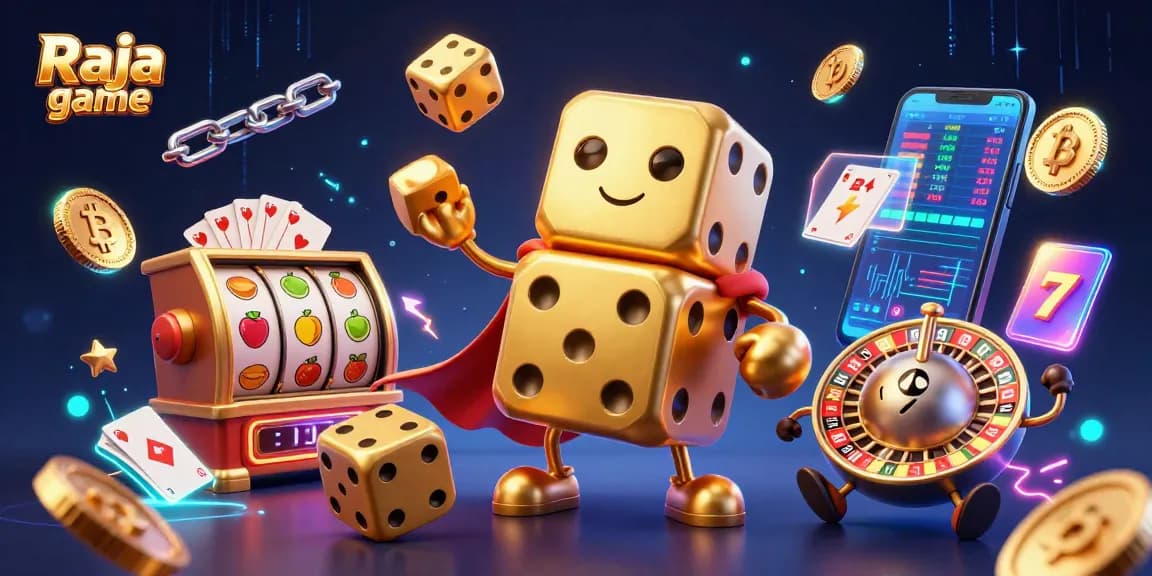 Experience thrilling action with Raja game through vibrant casino elements in a dynamic 3D illustration.