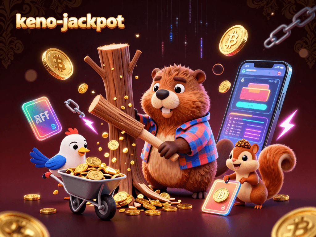 Experience the thrill of keno-jackpot with a beaver collecting coins amidst vibrant 3D elements.