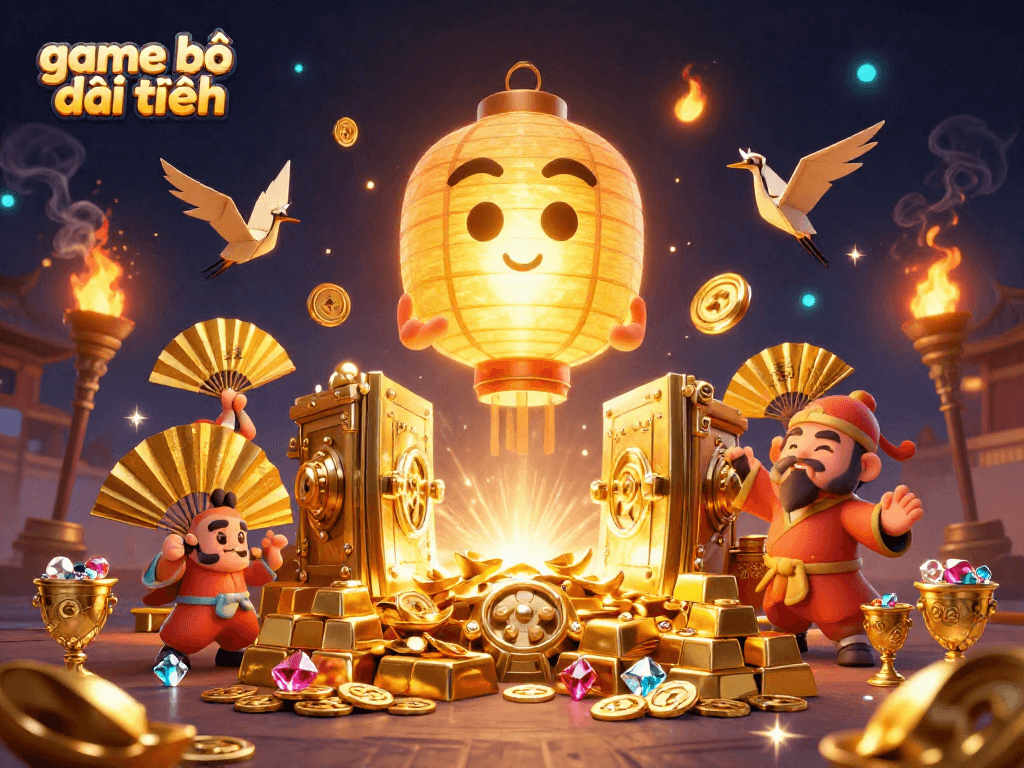 Engage in game bài đổi thưởng with a vibrant casino scene featuring golden characters and treasures.
