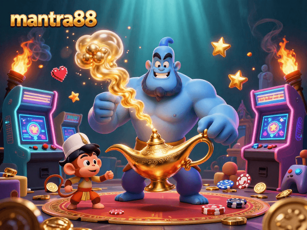 Experience the magic of mantra88 with a vibrant casino scene featuring a genie, monkey, and flying poker chips.