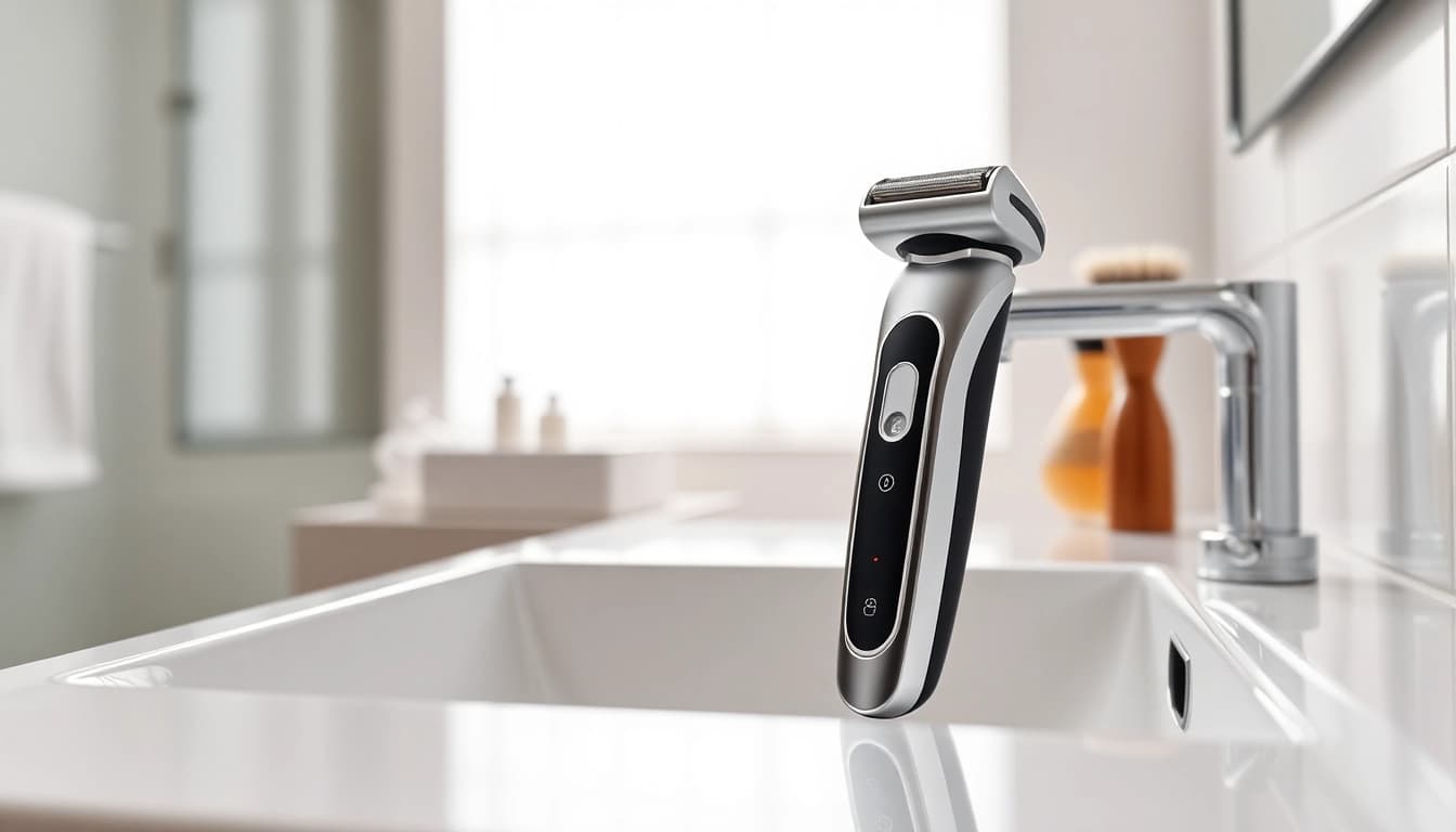 One blade electric shaver positioned elegantly on a modern sink to highlight its sleek design.