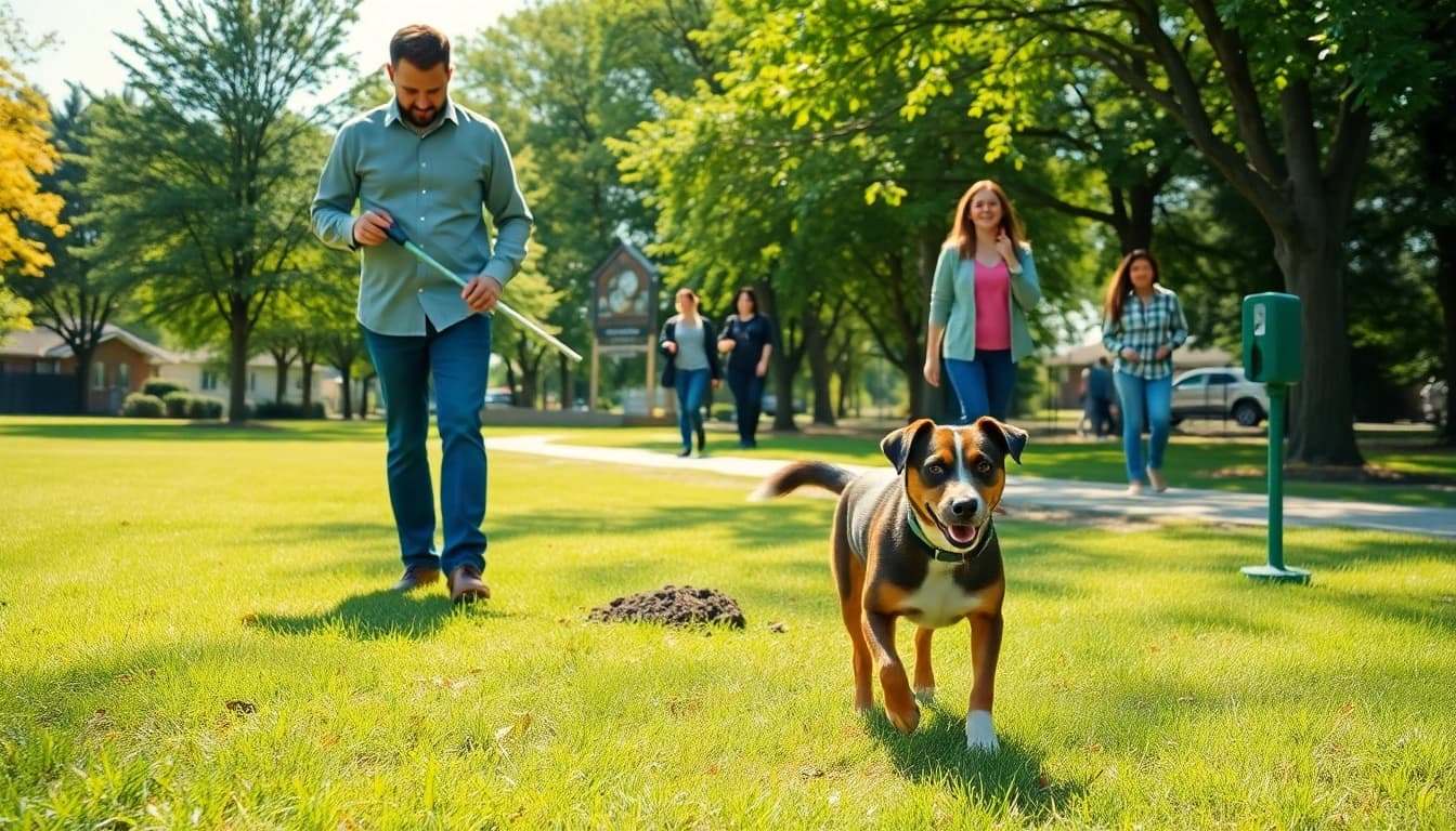 Efficient dog poop clean up in a sunny park showcasing eco-friendly practices.