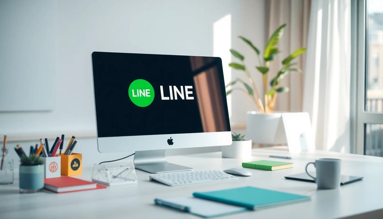 使用 LINE 電腦版 鮮豔現代桌面與植物裝飾的工作空間