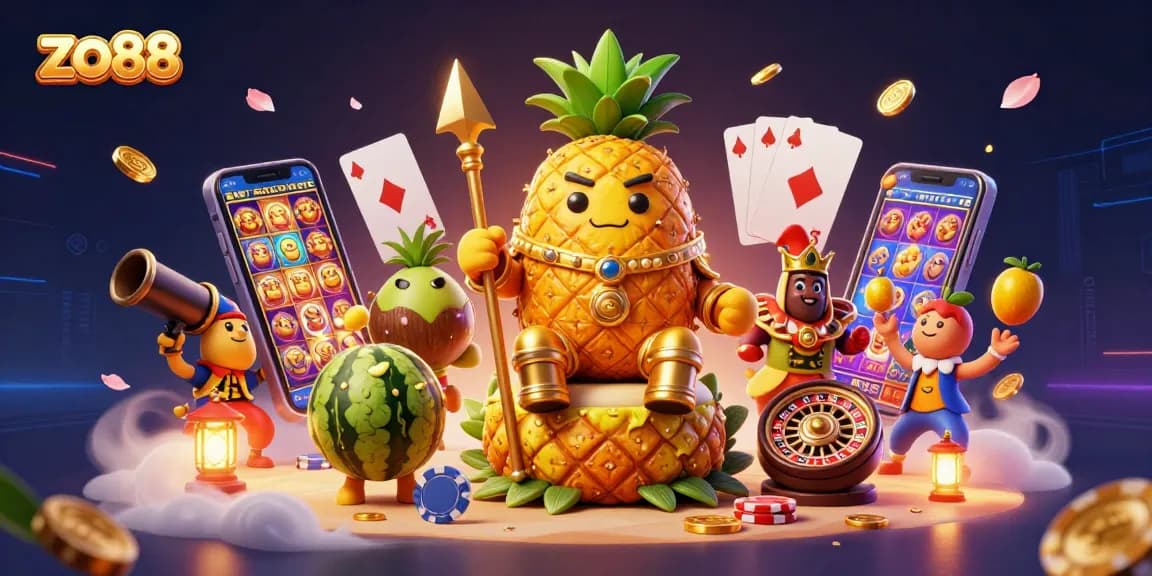 Experience excitement at zo88 with a golden pineapple king and dynamic casino elements.