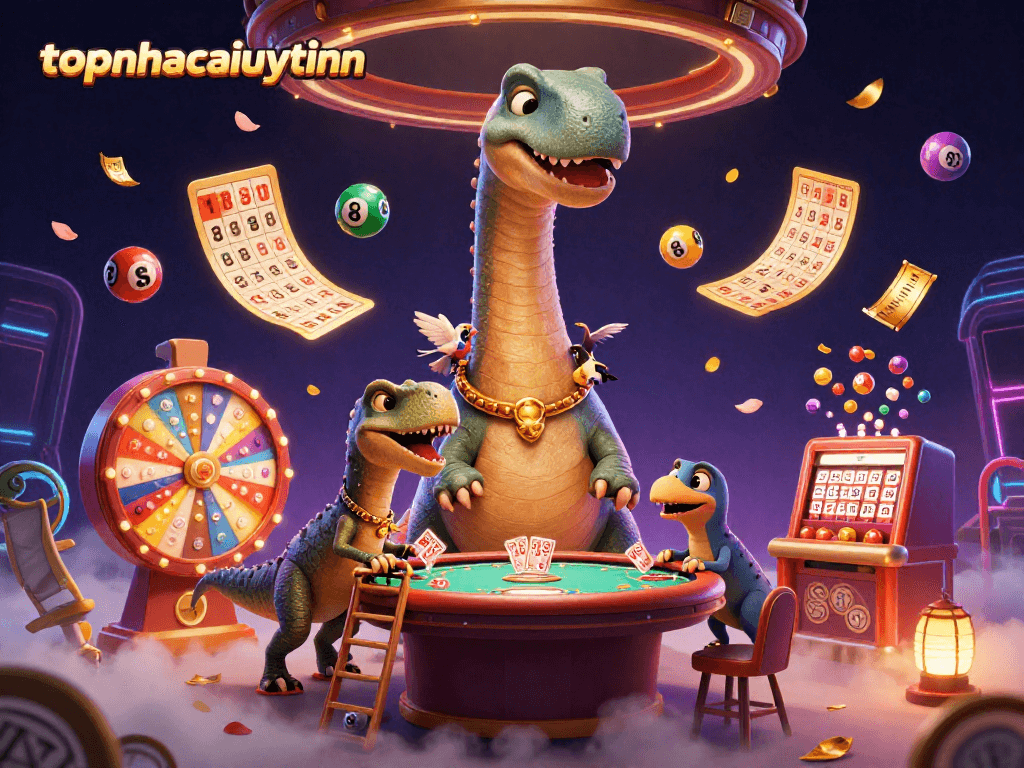 Engage with topnhacaiuytinn's colorful lottery-themed 3D scene featuring dynamic elements and gambling excitement.
