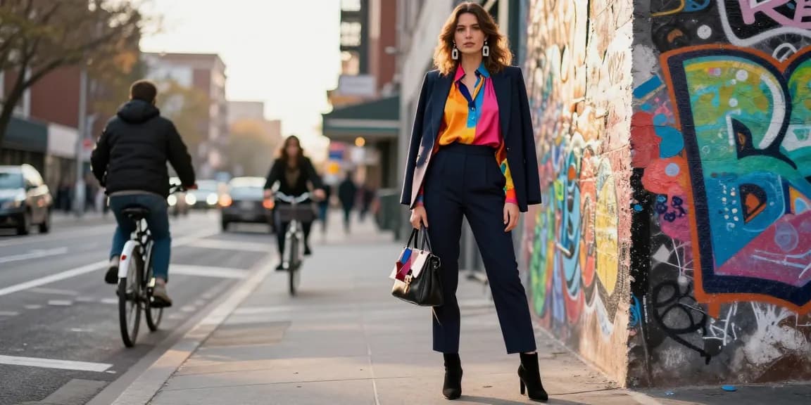 Consulente d'immagine mentre presenta un outfit unico in un contesto urbano, evidenziando il suo stile.