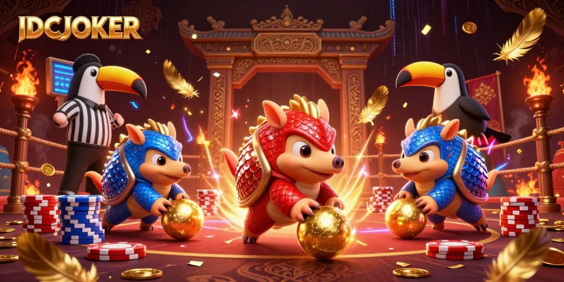 IDCJOKER pangolins compete in a dynamic casino scene, showcasing gaming and betting excitement.