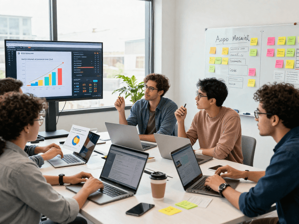 Buy iOS installs for your mobile app with a marketing team collaborating on effective strategies and analytics in a vibrant office.