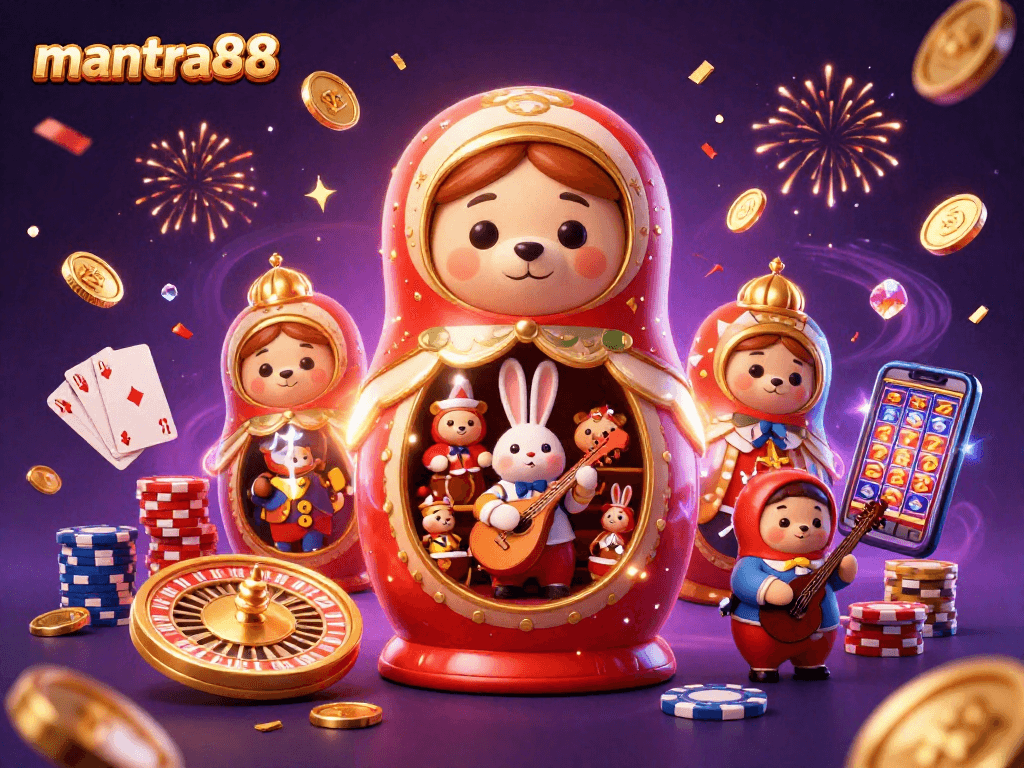 Win big at mantra88 with a vibrant 3D casino illustration showcasing festive characters and thrilling game elements.