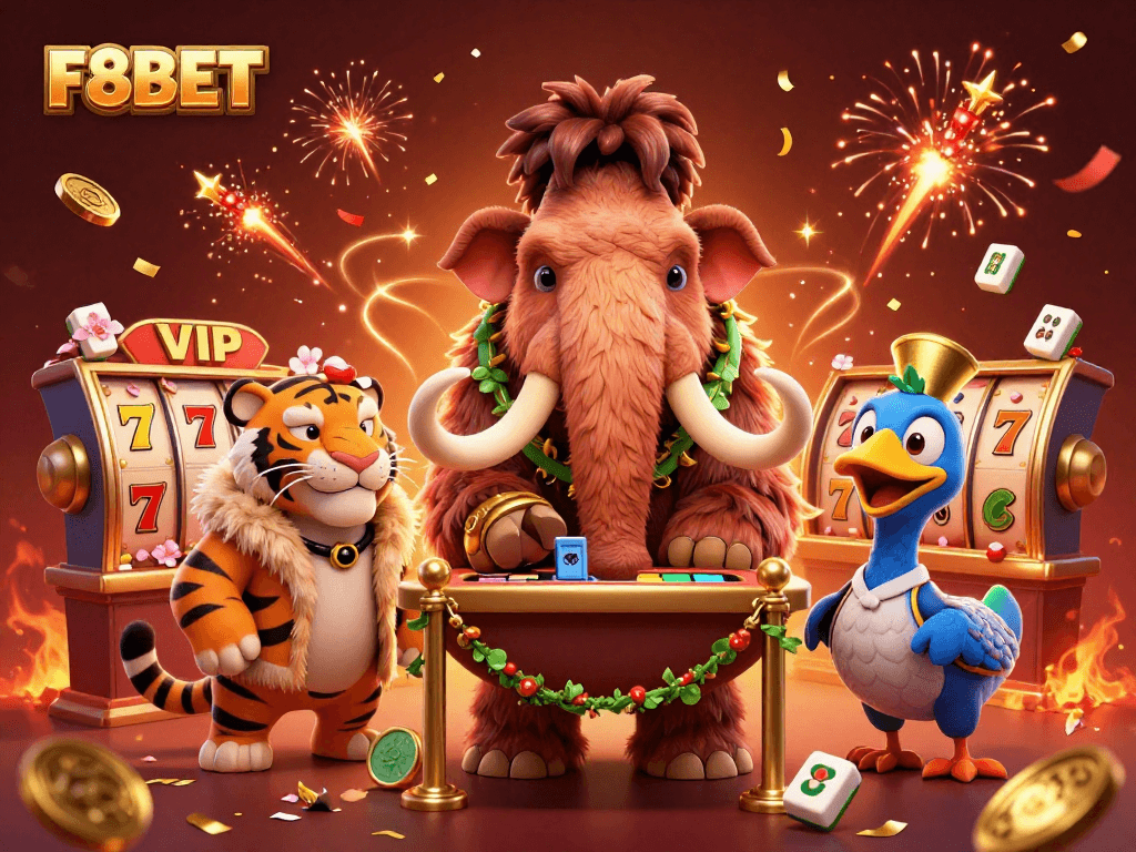 Engage with F8BET's thrilling slots as a saber-tooth tiger enters the casino alongside a mammoth bouncer.